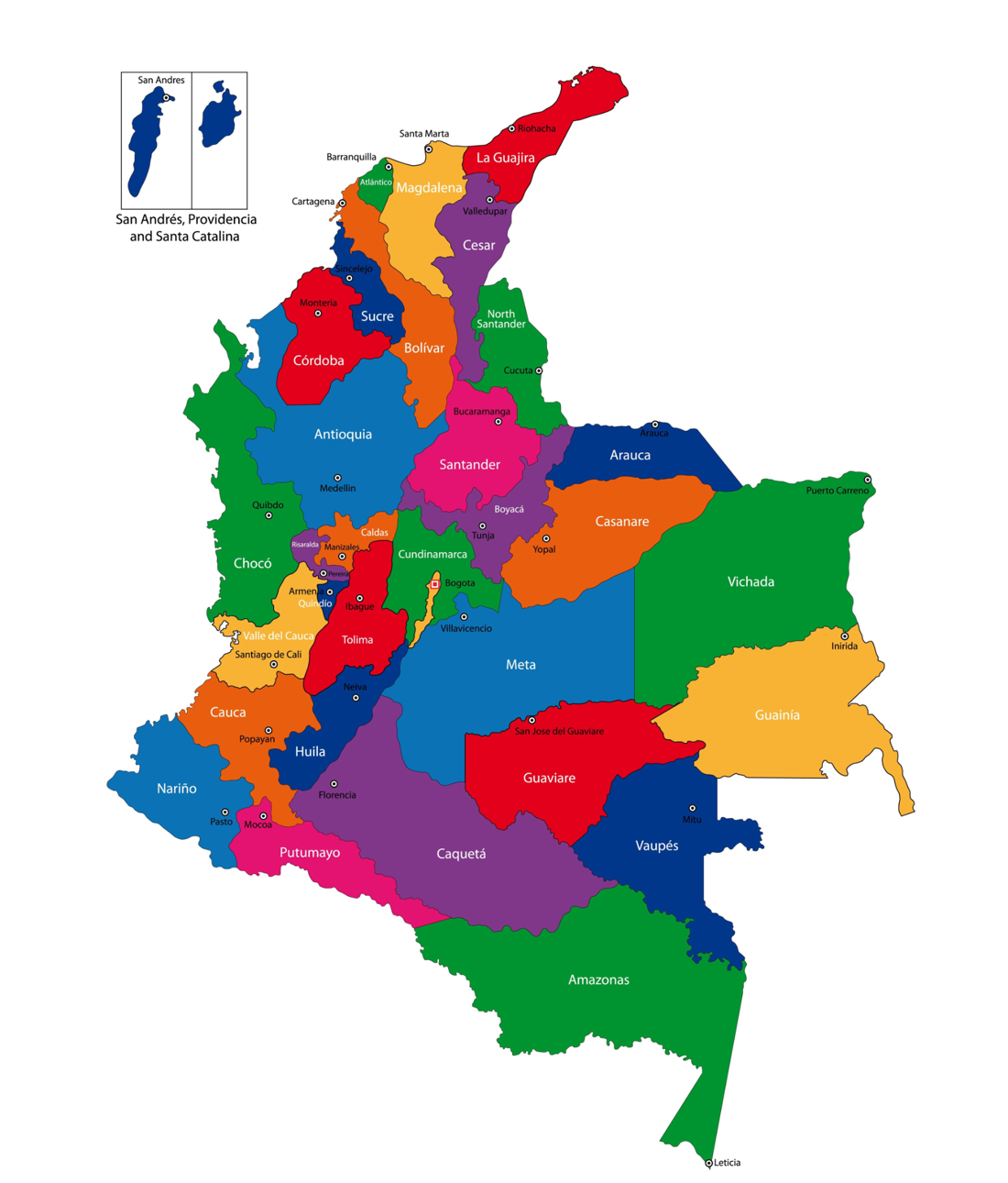 Mapa político de Colombia con división por departamentos